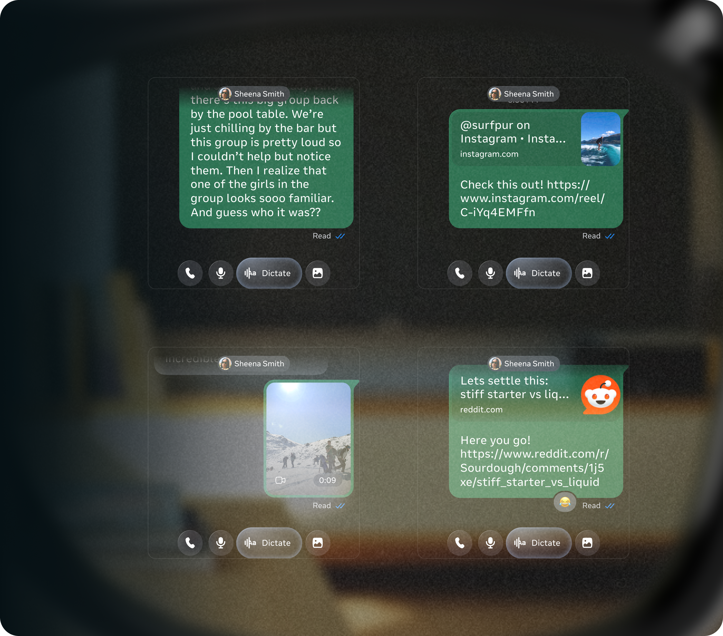 WhatsApp messaging through Meta AI Glasses — four conversation snippets composed over a subway POV background