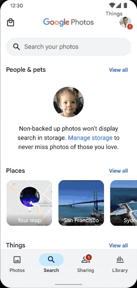 Google Photos search — out-of-storage state with blurred face thumbnail.