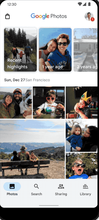 Google Photos home feed — Recent highlights carousel and photo grid.