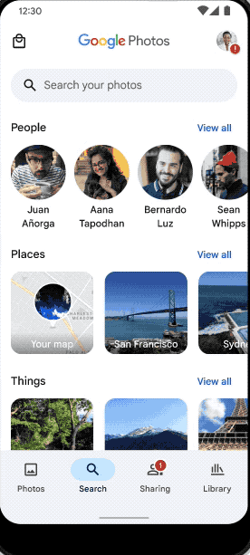 Google Photos search — tooltip surfaces an out-of-storage explanation above the People row.