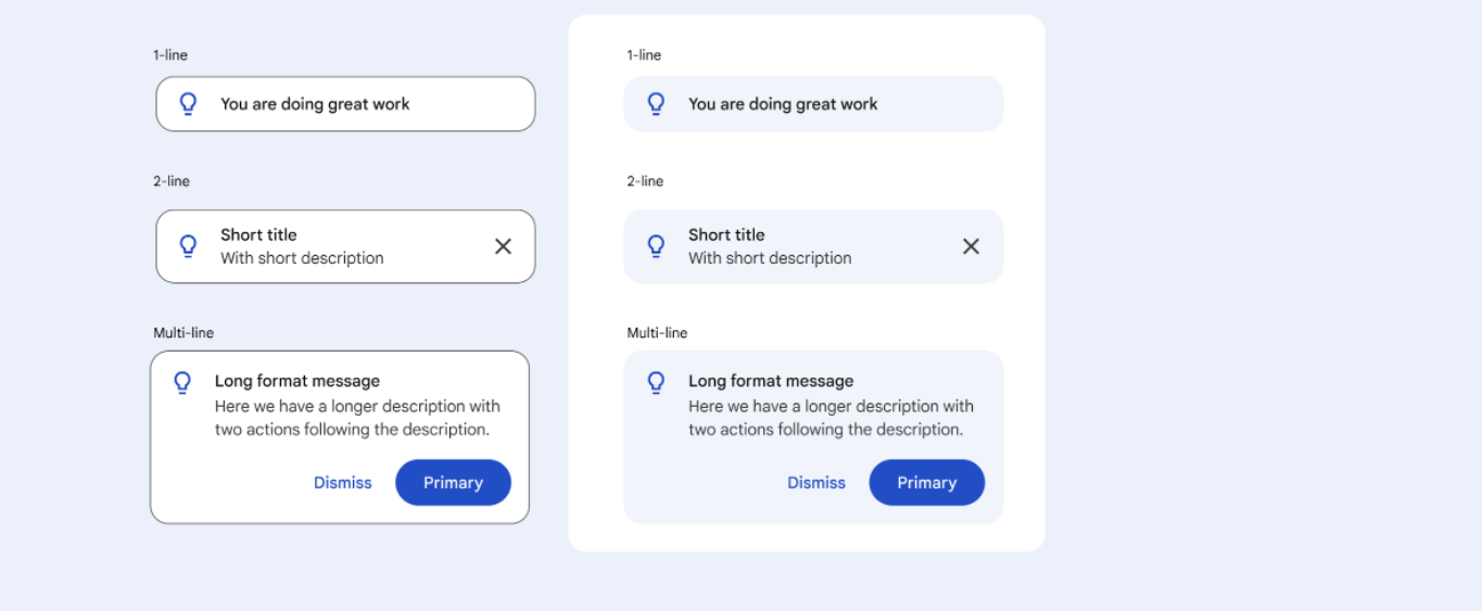 Tooltip design system components — 1-line, 2-line, and multi-line variants shown in light and tonal styles.