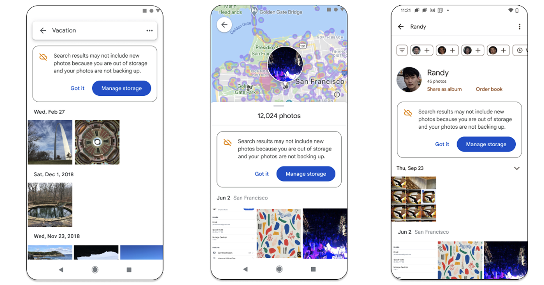 Scaling across features in search — three phone mockups showing search results by terms, location, and people and pets, all surfacing the out-of-storage tooltip.