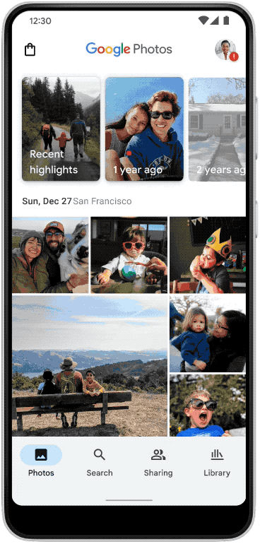 Google Photos home feed — Recent highlights, Memories carousel, and photo grid.